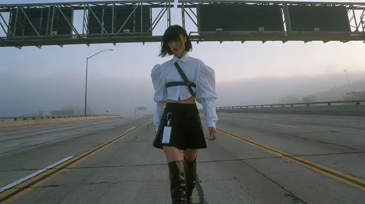 a young woman with a glossy black blunt bob with heavy bangs and one clay-orange streak, a white cropped puff-sleeve shirt, a black pleated skirt with a harness belt and a hanging white garment tag, black knee-high…