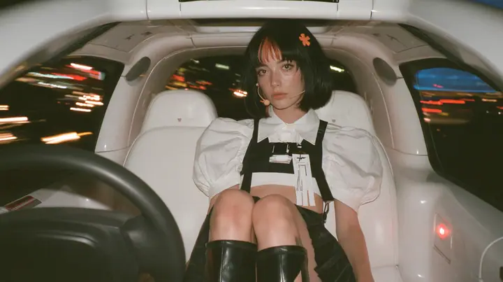 a young Caucasian American woman with pale skin and light freckles, a glossy black blunt jaw-length bob with heavy bangs and one clay-orange streak through the bangs, a small flat clay-orange eight-pointed star hair…