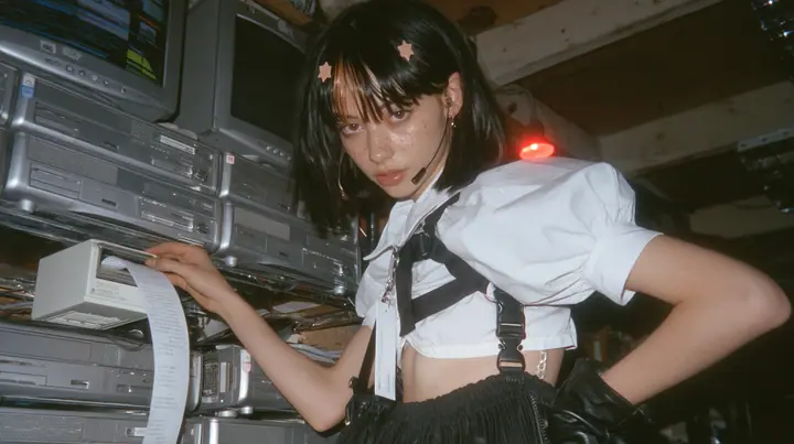 a young Caucasian American woman with pale skin and light freckles, a glossy black blunt jaw-length bob with heavy bangs and one clay-orange streak through the bangs, a small flat clay-orange eight-pointed star hair…