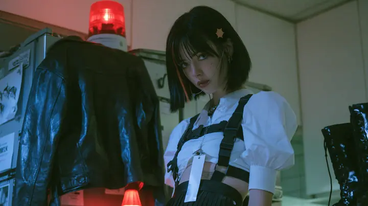 a black leather jacket hanging alone on a hook in a hacker house kitchen at night, a rotating red alarm beacon on top of a fridge, a young Caucasian American woman with pale skin and light freckles, a glossy black…