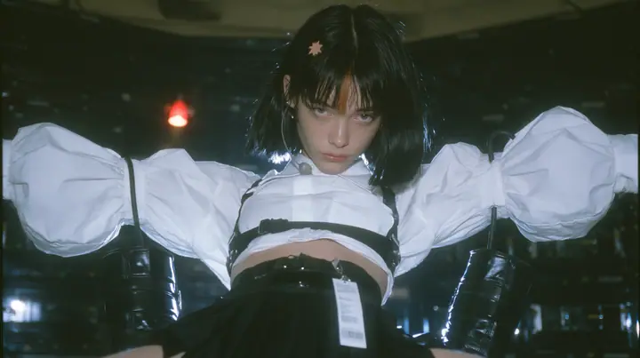 a young Caucasian American woman with pale skin and light freckles, a glossy black blunt jaw-length bob with heavy bangs and one clay-orange streak through the bangs, a small flat clay-orange eight-pointed star hair…
