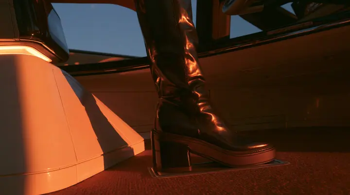 close-up of a black knee-high boot pressing flat on the bare floor of a driverless robotaxi, no pedals, no steering wheel, night light sweeping across, blue-black night turning to first light, clay-orange #D97757…