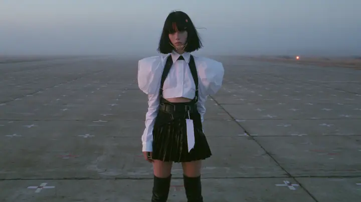 extreme wide shot of a vast empty grey concrete hall with a perfect grid of small painted floor marks receding to the horizon, a young Caucasian American woman with pale skin and light freckles, a glossy black blunt…