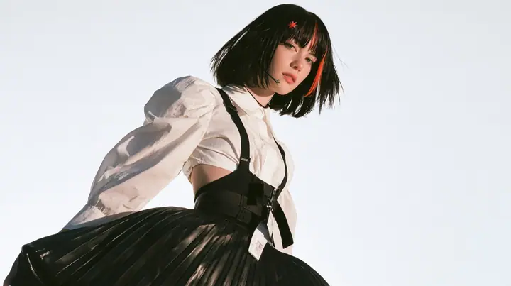 medium shot of a young Caucasian American woman with pale skin and light freckles, a glossy black blunt jaw-length bob with heavy bangs and one clay-orange streak through the bangs, a small flat clay-orange…