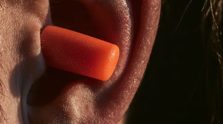 macro photograph of a bright orange foam earplug expanding inside a man's ear, macro product photograph, hard rim light, razor-thin focus, dark background, no text, no letters, no logos