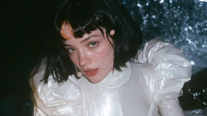 medium close-up of a Caucasian American woman in her mid-twenties with pale skin and light freckles, a glossy black blunt jaw-length bob with heavy straight bangs and one clay-orange streak through the bangs, a small…