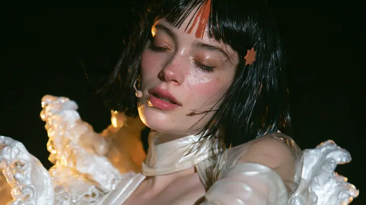 close-up of a Caucasian American woman in her mid-twenties with pale skin and light freckles, a glossy black blunt jaw-length bob with heavy straight bangs and one clay-orange streak through the bangs, a small flat…
