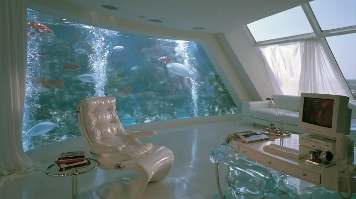 Y2K high fashion editorial photograph, 2001: a vivid tropical aquarium wall glowing in a 2001 high-fashion minimalist white loft apartment with molded white plastic furniture, a white lacquer desk, chrome and…