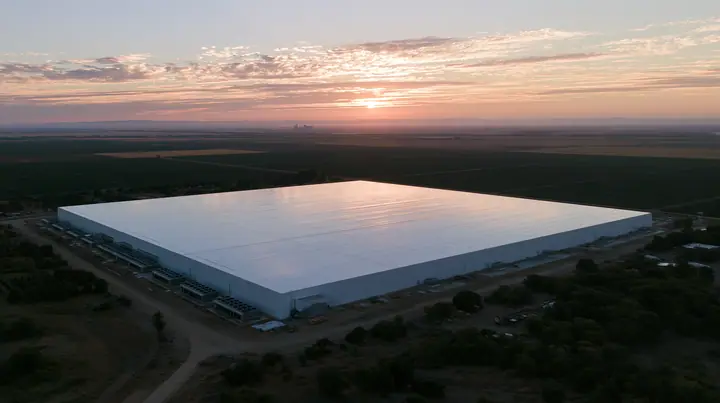 an aerial photograph of a vast flat white datacenter roof at dusk among dark fields, rows of cooling units, the huge empty white roof catching the last light, editorial satellite-photo style, no text, no letters, no…
