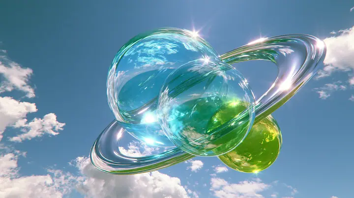 Y2K high fashion editorial photograph, 2001: glossy translucent aqua and lime-green orbs and chrome swooshes floating over a bright blue sky with clouds, luxury campaign 3D render, clean, no text, no letters, no logos