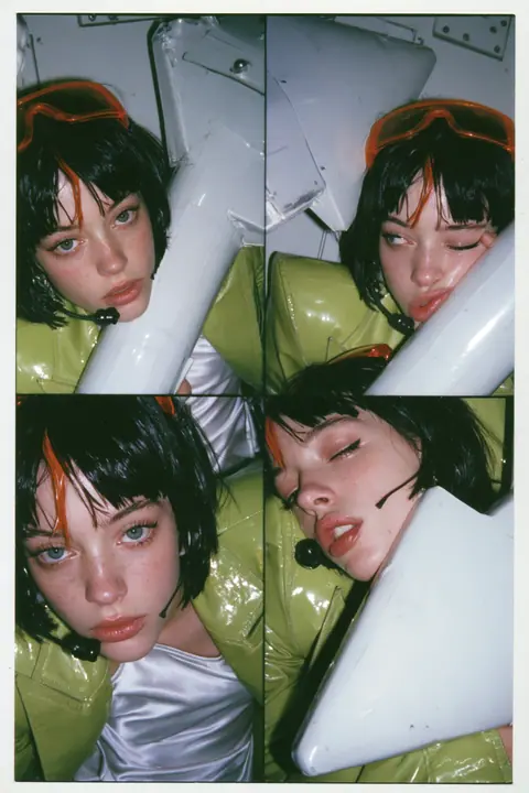 Y2K high fashion editorial, a 2001 couture magazine story: a vertical photo-booth strip of four frames of a young Caucasian American woman with pale skin and a glossy black blunt bob with heavy straight bangs and one…